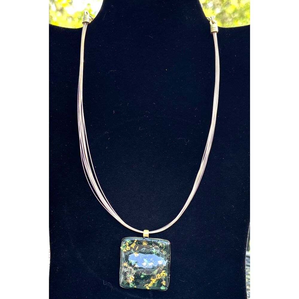 Signed Chicos Gold Tone Statement Necklace Green Gold Resin Pendant Multi Strand